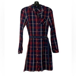 Tommy Hilfiger 100% cotton Red Navy Belted Plaid Mini Shirt Dress Size XS